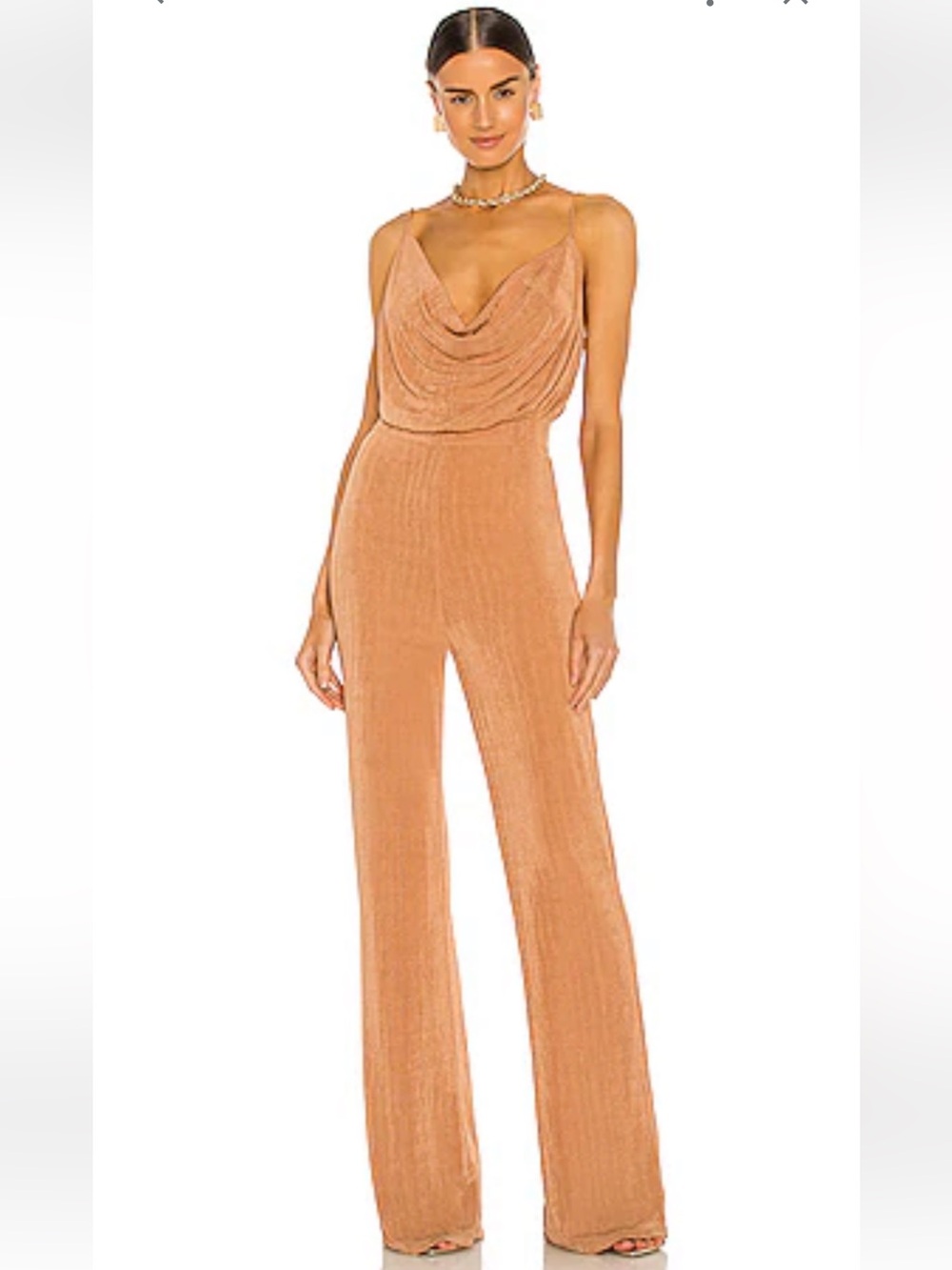 Mishka Metallic Copper-Tan Cowl-Neck Wide-Leg Jumpsuit